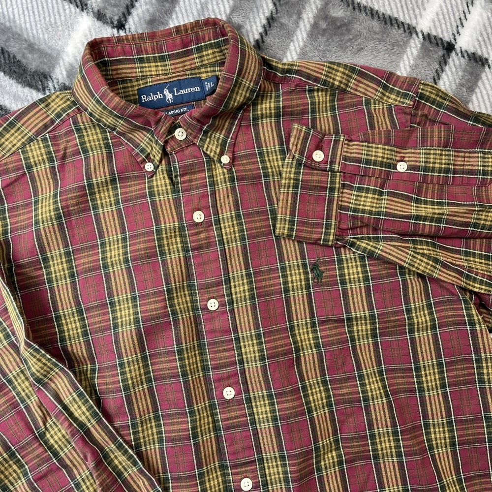 Ralph Lauren Flannel Shirt Mens Large Red‎ Green Plaid Christmas Classic Fit